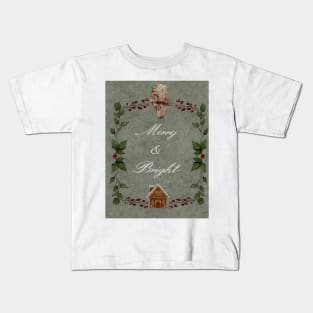 Cozy Holiday Watercolor Gingerbread House and Sleeping Owl Holiday Wreath Around Merry and Bright Cursive Typography Kids T-Shirt